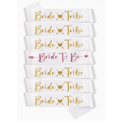 7pc Bride and Bride Tribe Sash Set - White with Gold and White with Pink